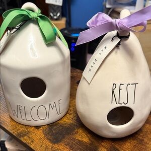 🎉SALE!! Pair of Rae Dunn Ceramic Birdhouses with Green and Lavender Bows